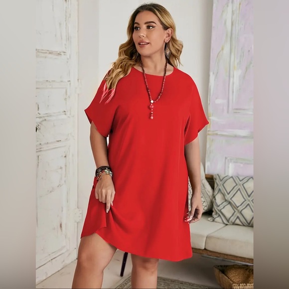 741 ❤️ 2X Plus Size Red Solid Casual Summer Dress - Picture 3 of 6